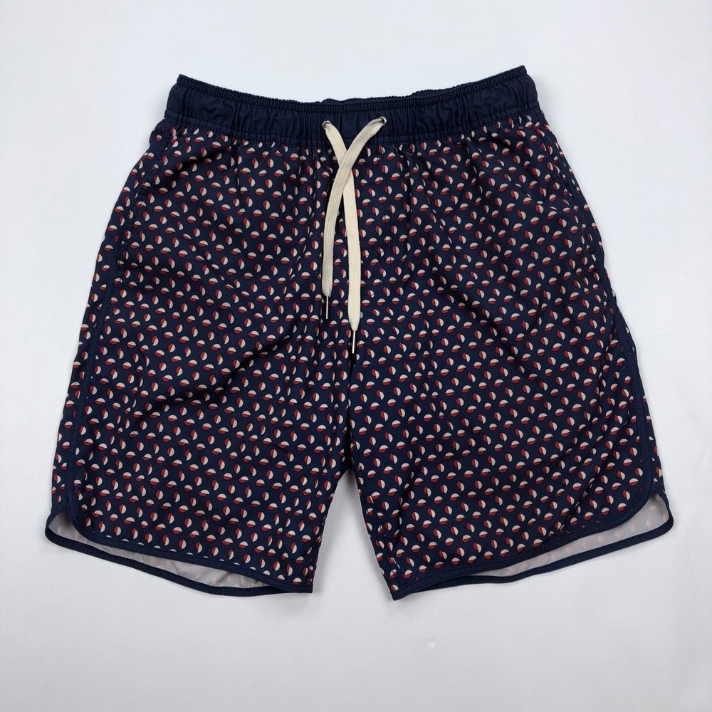 Fair Harbor Mens Navy Red Geometric Recycled Swim Shorts Trunks Size Small